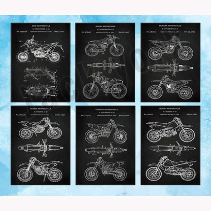 Set of six black and white dirt bike patent posters featuring ktm honda and yamaha for vintage beige decorbites dirt bike decor
