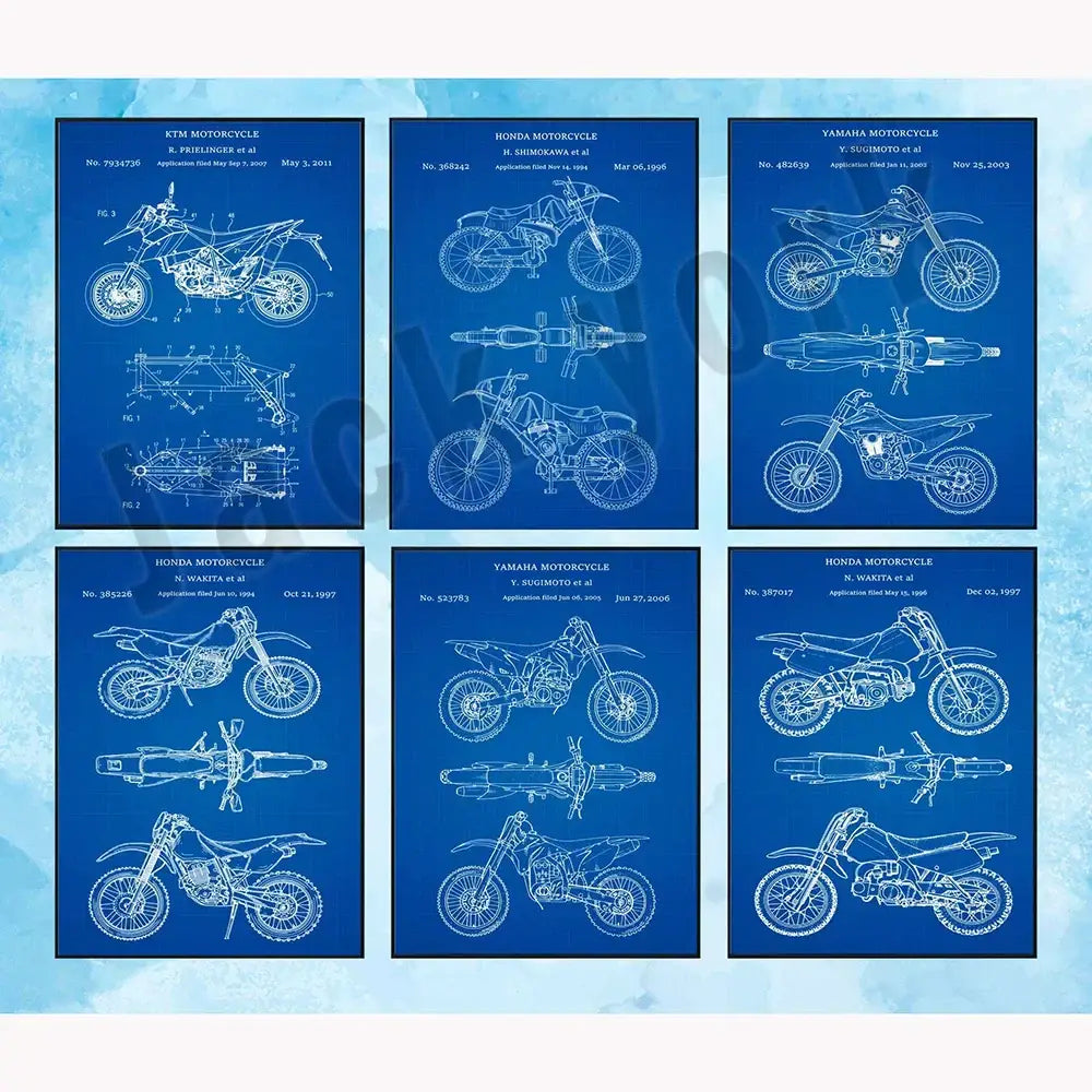 Set of six blue dirt bike patent posters featuring ktm honda yamaha designs for vintage beige decorbites dirt bike wall decor