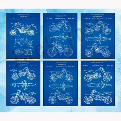 Set of six blue dirt bike patent posters featuring ktm honda yamaha designs for vintage beige decorbites dirt bike wall decor