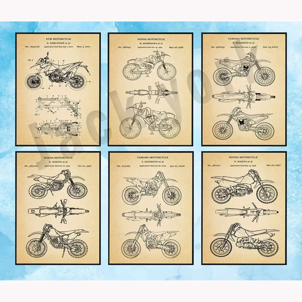 Set of six vintage beige dirt bike patent posters featuring ktm honda and yamaha designs for decorbites dirt bike decor