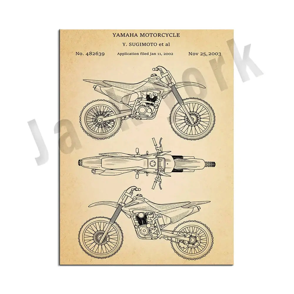 Vintage beige dirt bike patent art set featuring yamaha blueprint decorbites dirt bike wall decor on aged parchment