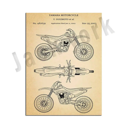 Vintage beige dirt bike patent art set featuring yamaha blueprint decorbites dirt bike wall decor on aged parchment