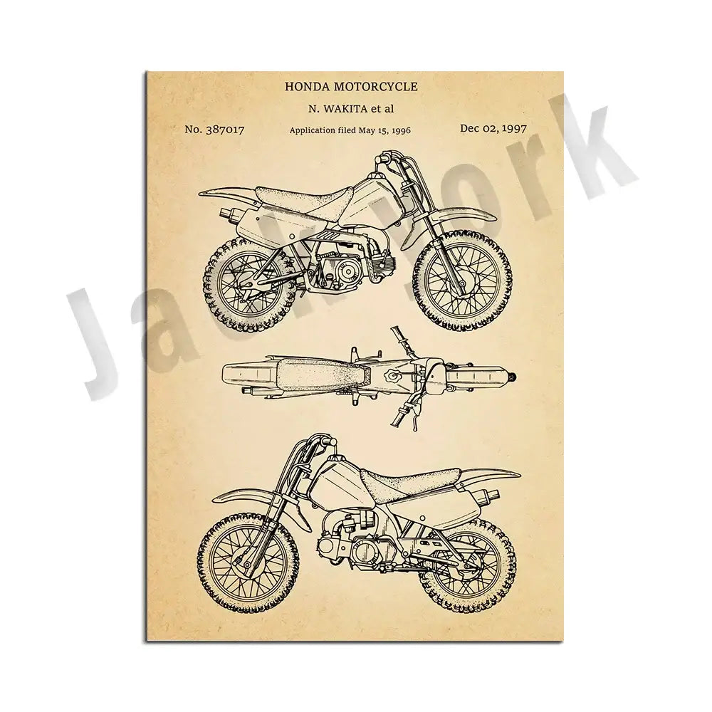 Vintage beige dirt bike patent poster set featuring detailed honda technical line drawings for decorbites dirt bike decor