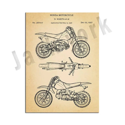 Vintage beige dirt bike patent poster set featuring detailed honda technical line drawings for decorbites dirt bike decor