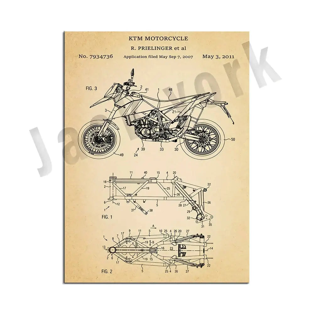 Vintage beige dirt bike patent art set featuring ktm vintage-style technical drawings on aged parchment for bedroom decor