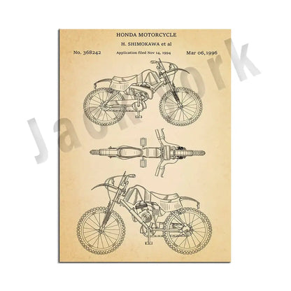 Vintage beige dirt bike patent art set featuring three detailed Honda dirt bike patent technical drawings on parchment decorbites dirt bike wall decor