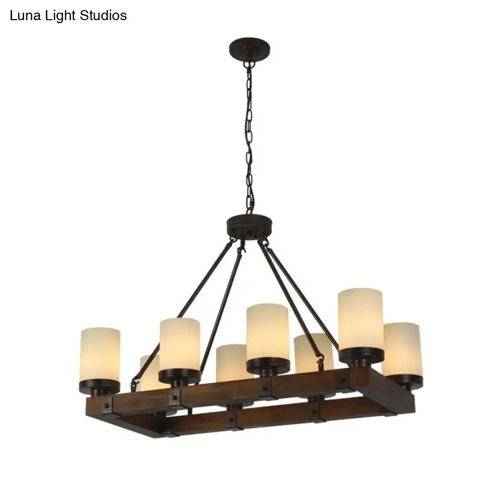 Dark bronze vintage beige light fixture with rustic wood frame and eight frosted glass shades for dining room chandelier