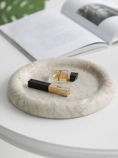 Beige travertine serving tray with textured stone finish holding ysl lipstick and perfume for bedroom vanity decorbites beige travertine