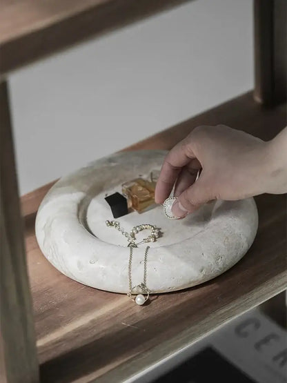 White marble circular jewelry tray on vintage beige travertine serving tray for elegant bedroom vanity decorbites beige travertine