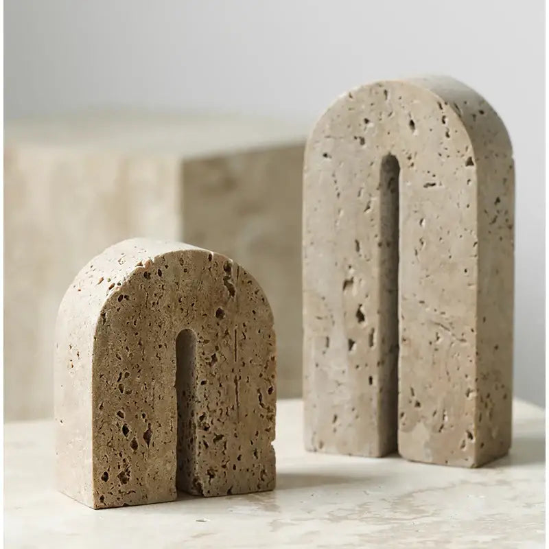 Beige travertine stone textured bookends with rustic arched design vintage decorbites beige travertine living room decor