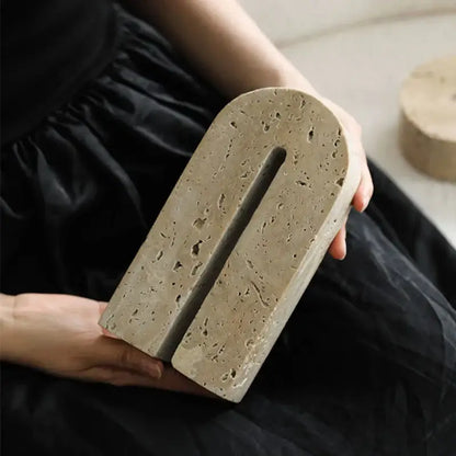 Beige travertine stone textured concrete bookend with central slot vintage arched decorbites beige travertine design