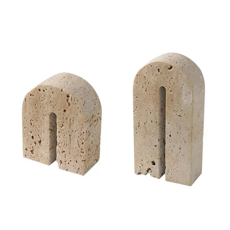 Vintage beige travertine stone arched bookends with textured vertical slots for living room decorbites decor