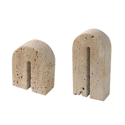 Vintage beige travertine stone arched bookends with textured vertical slots for living room decorbites decor
