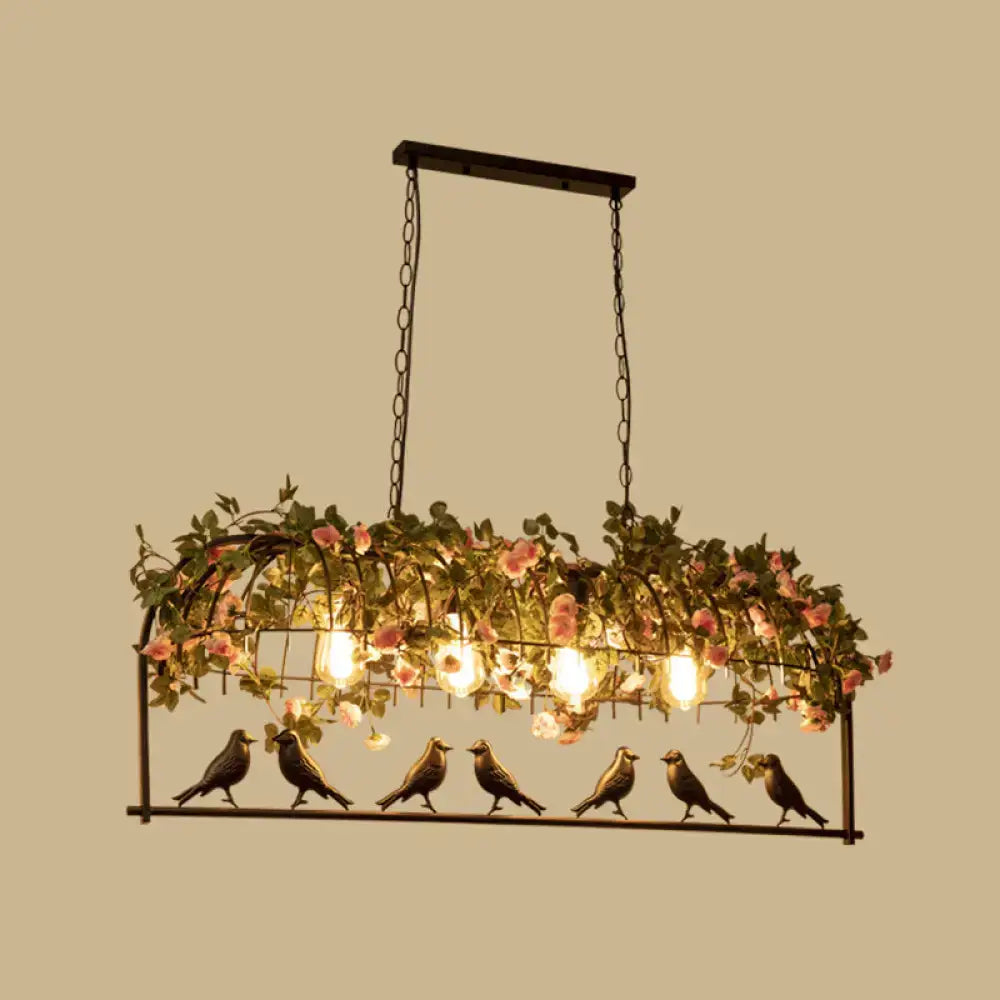 Vintage bird cage iron hanging light with ornate wrought iron birds and pink floral vines for dining room pendant