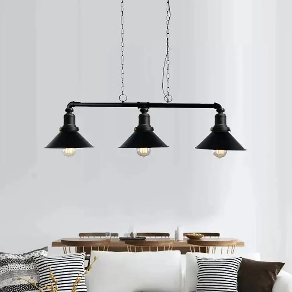 DecorBites™ vintage black metal conical island light fixture with three shades and chain suspension for dining room