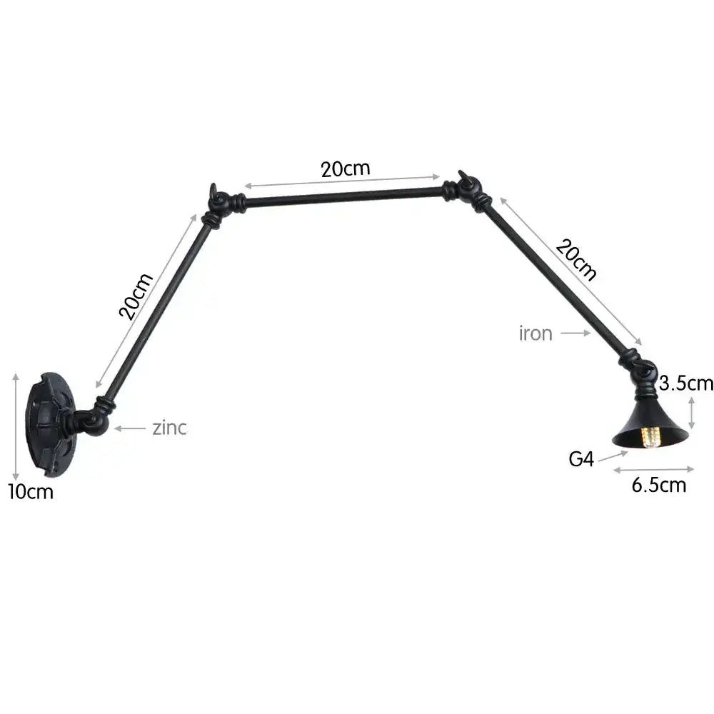 Vintage black zinc and iron adjustable loft wall light with g4 bulb holder for bedroom use
