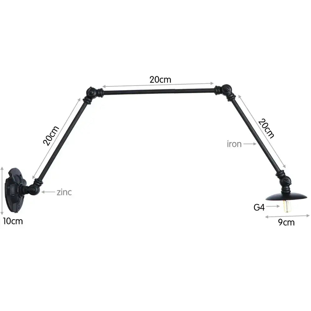 Vintage black adjustable loft wall light with articulated zinc and iron arms and g4 bulb socket for bedroom use