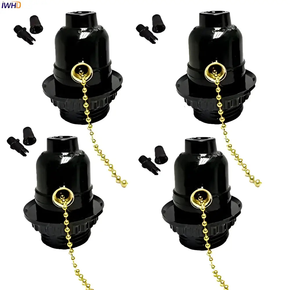 Vintage black and gold e27 bulb holder lamp socket with pull switch featuring a gold-colored chain for bedroom light