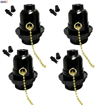 Vintage black and gold e27 bulb holder lamp socket with pull switch featuring a gold-colored chain for bedroom light
