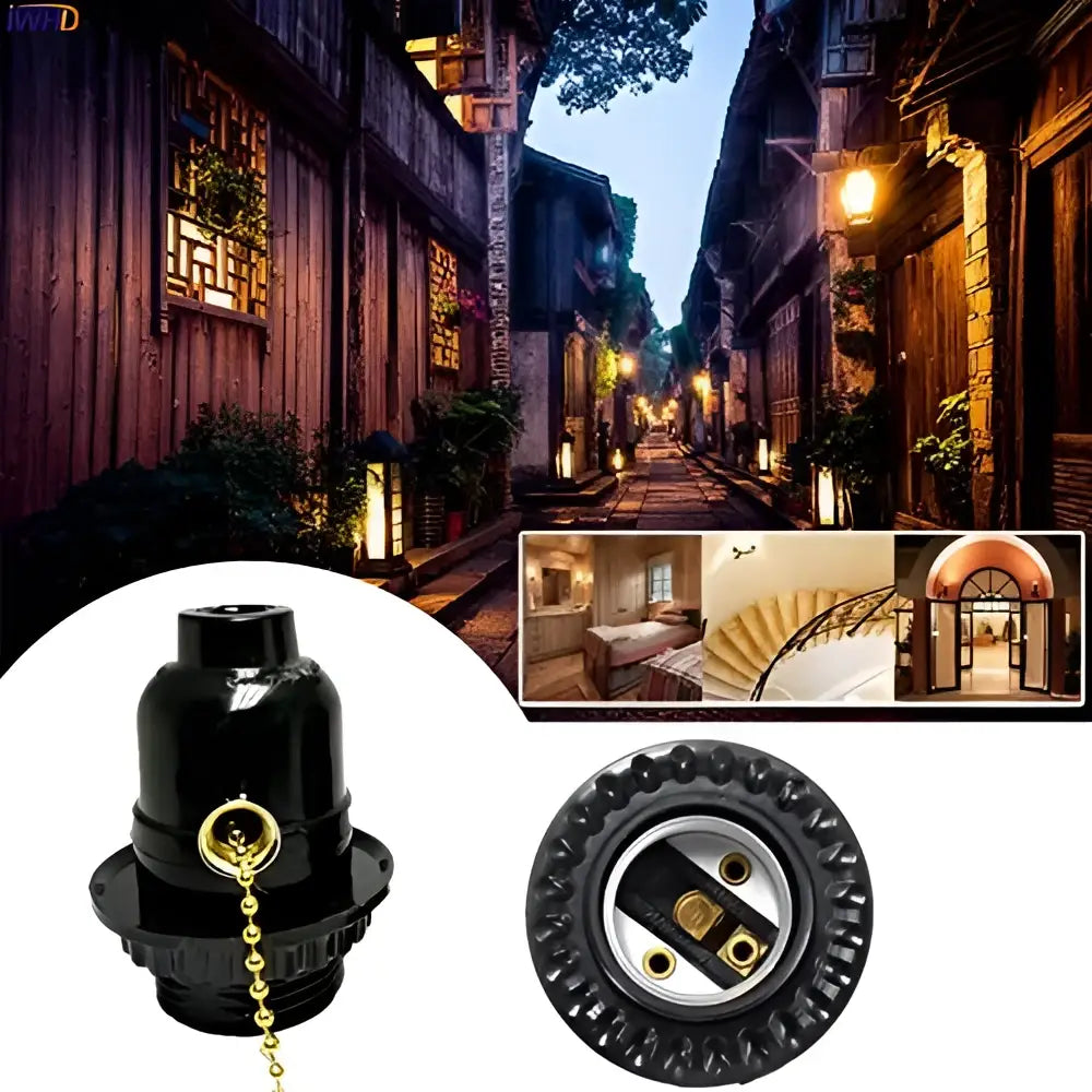 Vintage black plastic e27 bulb holder with gold chain pull switch for bedroom lighting setup