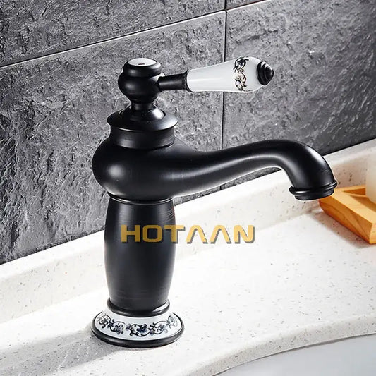 Vintage black brass ceramics bathroom faucet with black matte finish and white floral handle by decorbites black brass