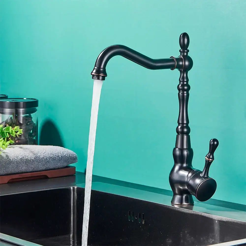 Black brass faucet vintage single handle kitchen basin mixer with curved spout and ornate decorbites black brass design