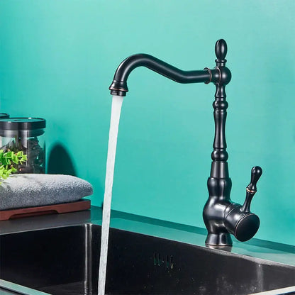 Black brass faucet vintage single handle kitchen basin mixer with curved spout and ornate decorbites black brass design