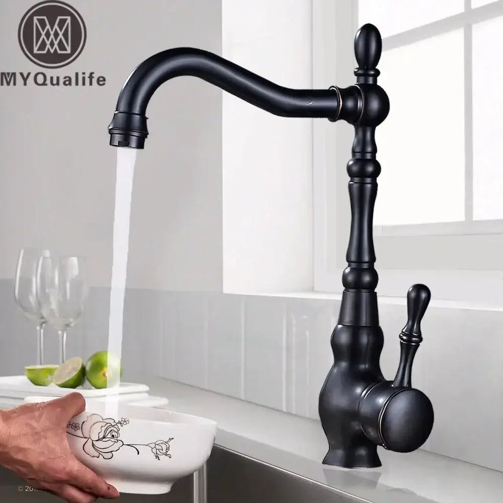 Vintage black brass faucet single handle kitchen basin mixer with black matte finish and ornate curved spout decorbites black brass