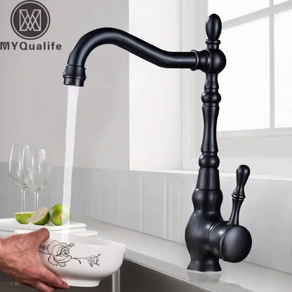 Vintage black brass faucet single handle kitchen basin mixer with black matte finish and ornate curved spout decorbites black brass