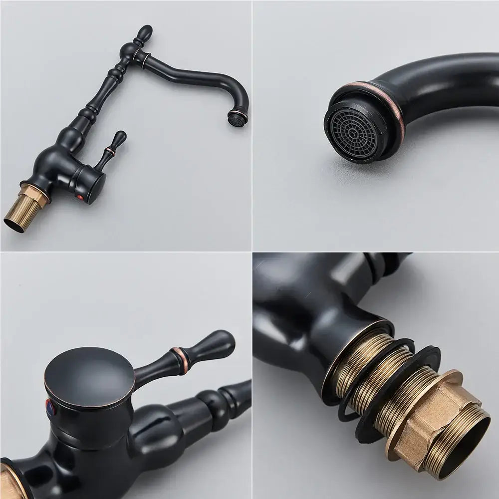 Vintage black brass faucet single handle kitchen basin mixer with black matte finish and decorbites black brass accents