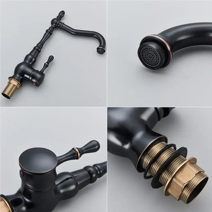Vintage black brass faucet single handle kitchen basin mixer with black matte finish and decorbites black brass accents