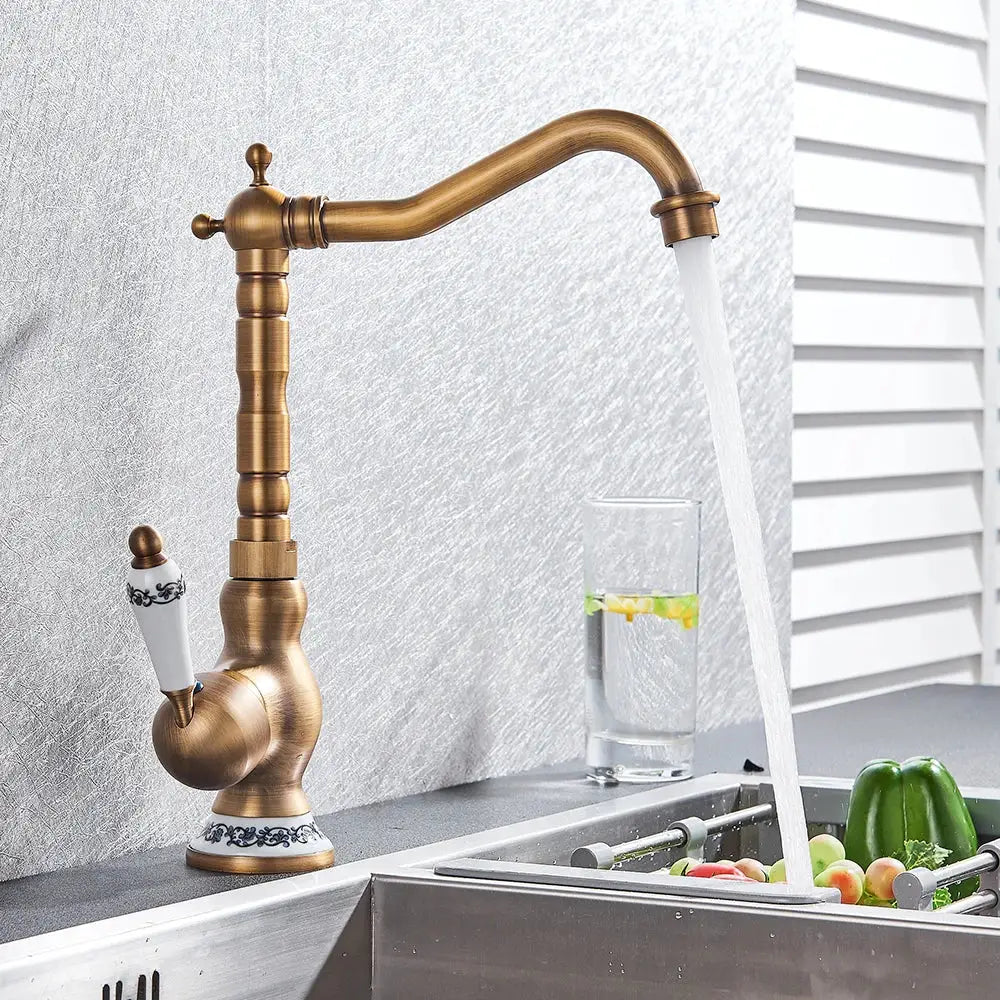 Vintage black brass faucet single handle kitchen sink mixer tap with antique brass finish and white ceramic floral handle