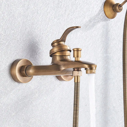 Antique brass shower faucet mixer with curved spout and integrated hand shower in vintage black brass finish