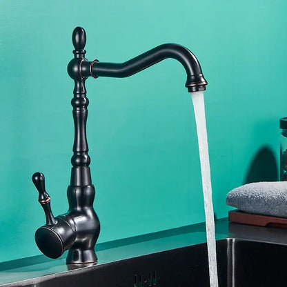 Vintage black bronze kitchen faucet with ornate single lever handle and curved spout by decorbites black bronze
