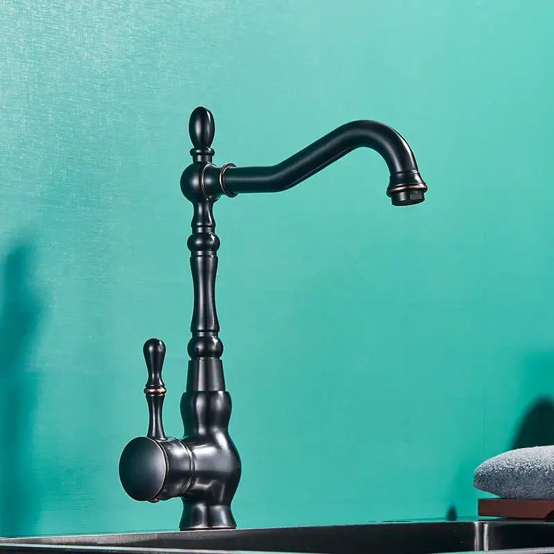 Vintage black bronze kitchen faucet with ornate single lever handle and black matte finish decorbites black bronze design