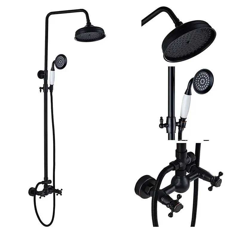 Vintage black bronze shower faucet set with black matte rainhead handheld and white ceramic handles for bathroom use