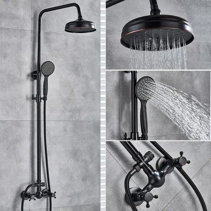 Vintage black bronze shower faucet set with black matte finish, large overhead rainhead, and handheld spray nozzle