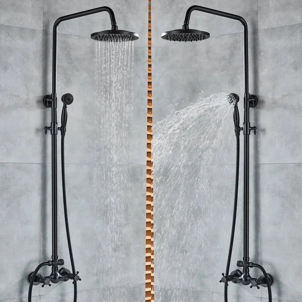 Vintage black bronze shower faucet set with matte finish, tall vertical pipe, overhead rainhead, and handheld spray nozzle
