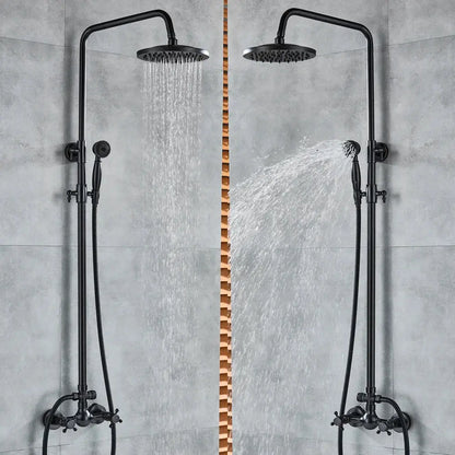 Vintage black bronze shower faucet set with matte finish, tall vertical pipe, overhead rainhead, and handheld spray nozzle