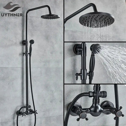 Vintage black bronze shower faucet set with matte finish round rainhead handheld spray and vintage cross-handle valves