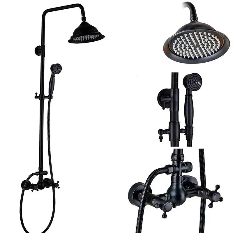 Vintage black bronze shower faucet set in black matte brass with overhead rainhead and handheld spray for bathroom use