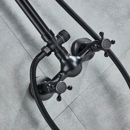 Vintage black bronze shower faucet set with black matte brass finish, two cross handles, and flexible hoses for bathroom use