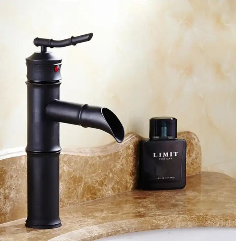 Vintage bathroom faucet black bamboo style with matte finish and red accent button for bathroom sink tap