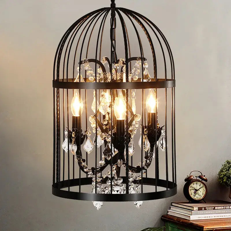 Vintage black crystal bird cage pendant light featuring wrought iron and crystal droplets for dining room decorbites crystal bird chandelier