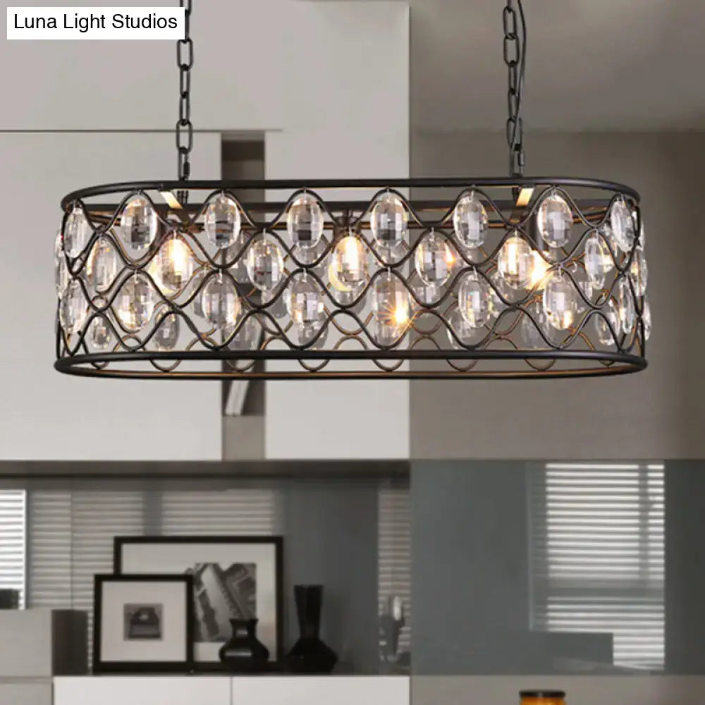 Vintage black wrought iron chandelier with clear crystal droplets oval hanging light for dining room decor