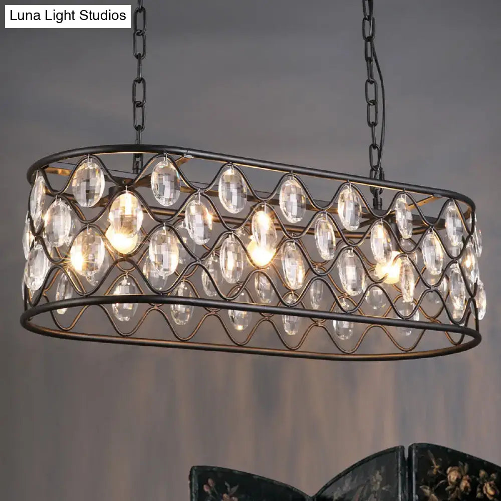 Vintage black crystal oval hanging light dining room chandelier with dark metal frame and clear crystal droplets in wavy pattern