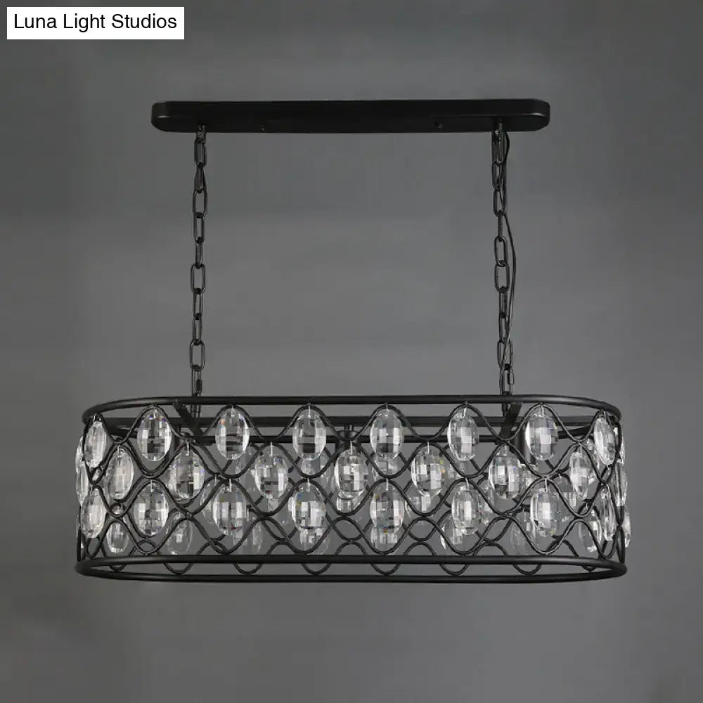 Vintage black crystal oval hanging light dining room chandelier with wrought iron frame and clear crystal beads in diamond pattern