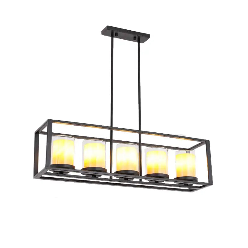 Black metal rectangular cylinder pendant light with five warm yellow glass candle-style bulbs for dining room use