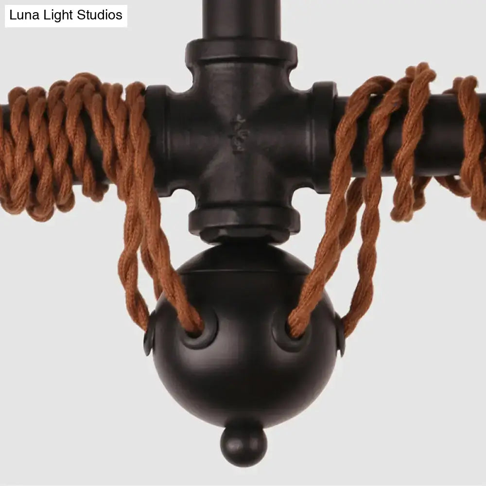 Black finish vintage 6-light tubing pendant lamp with twisted brown fabric chain cord length and spherical bulb holder