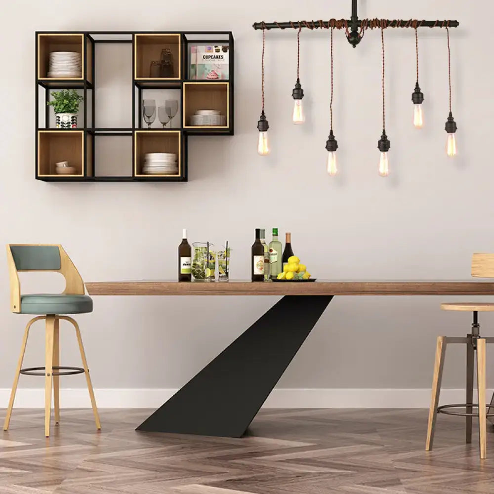 Modern black and wood dining table paired with decorbites vintage 6-light tubing pendant lamp with black finish and chain cord length